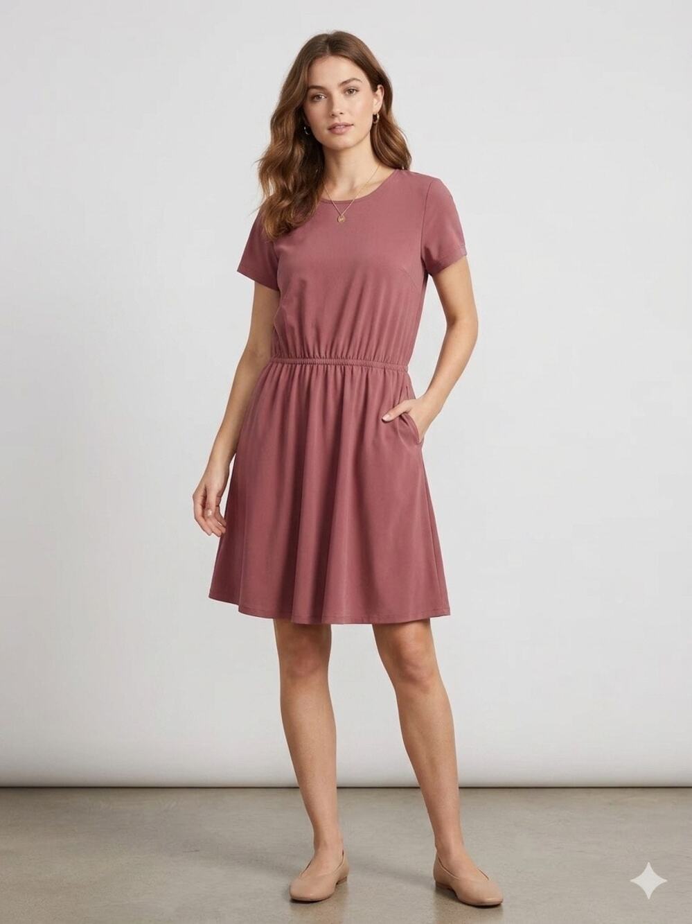Duluth Trading Co Flexcellence Dress Short Sleeve Elastic Waist Pockets Plum M